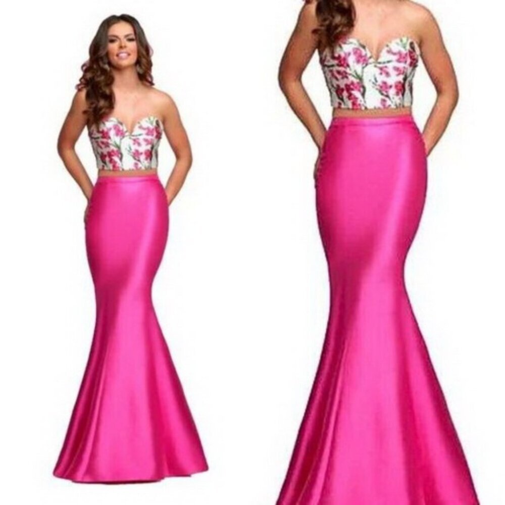 Zoey Grey Two-Piece Fuchsia Floral Rhinestone Skirt Set Prom